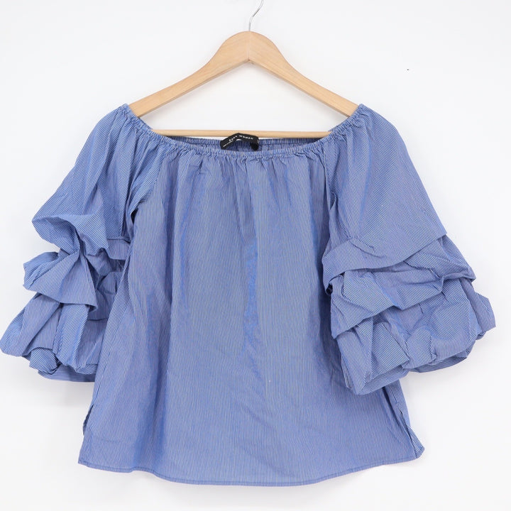 Zara Woman Blue White Pinstripe Off Shoulder Tiered Ruffle Sleeve Blouse XS