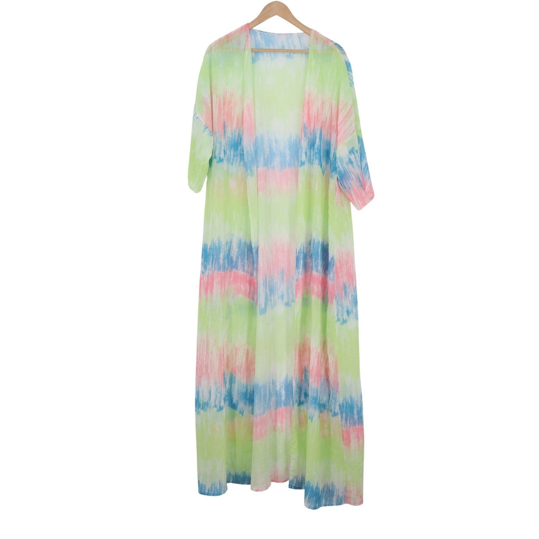 Multicolor Tie Dye Maxi Duster Cardigan Open Front Short Sleeve 2XL