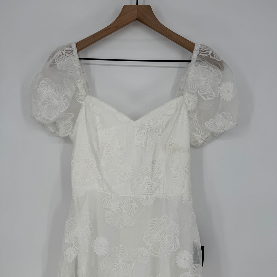 Lulus Sweetest Behavior White Embroidered Puff Sleeve Midi Dress Size S