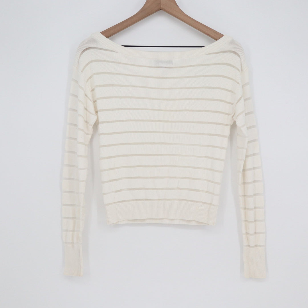Intermix Cream Striped Boatneck Sweater Long Sleeve Semi-Sheer Knit Top Size P