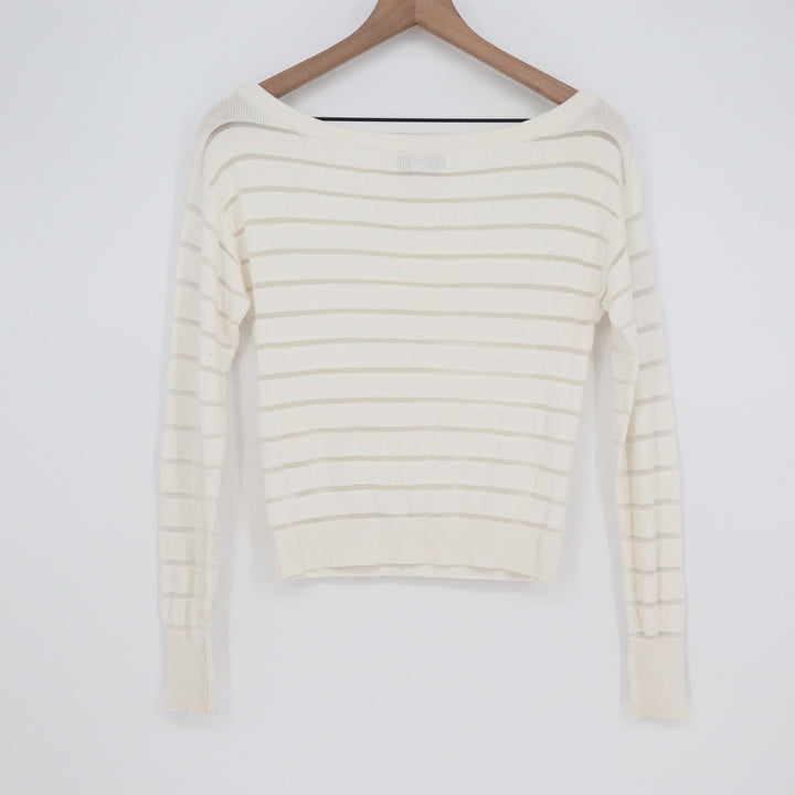 Intermix Cream Striped Boatneck Sweater Long Sleeve Semi-Sheer Knit Top Size P