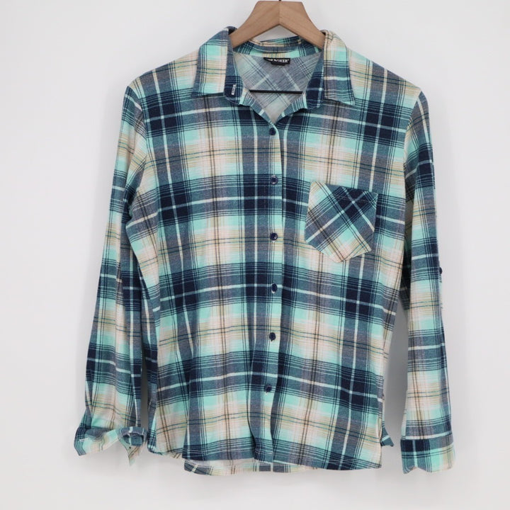 Joe Boxer Flannel Shirt Womens Large Multi Plaid Stretch Spread Collar Button Up