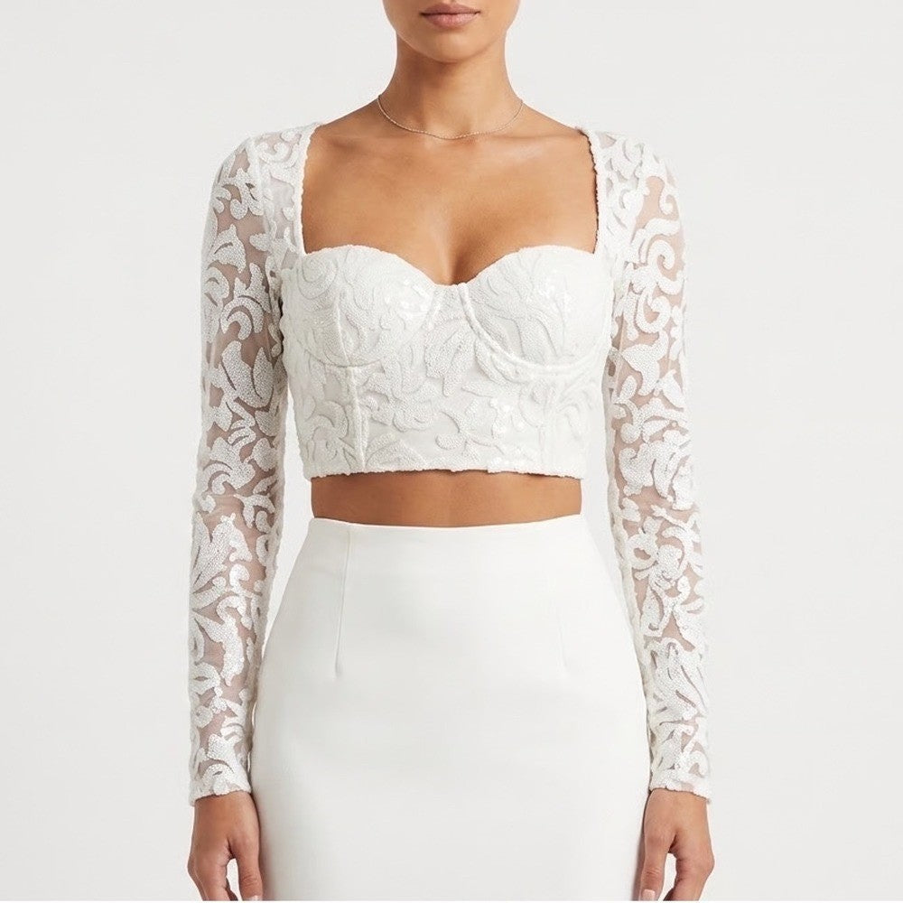 Naked Wardrobe White Sequin Floral Lace Crop Top Long Sleeve Small