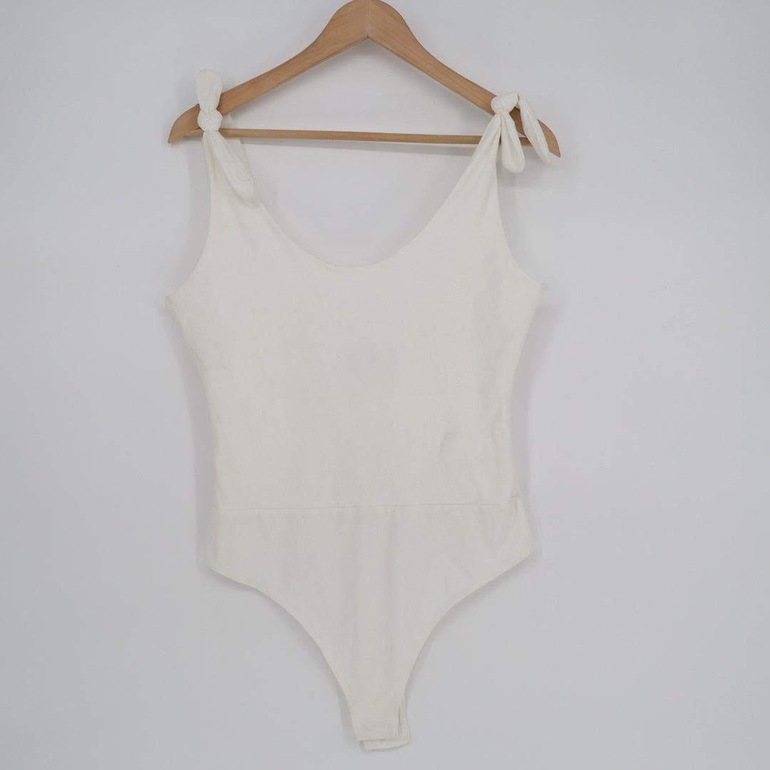 Lulus Pretty Pleased Bodysuit Womens Large White Stretch Tie-Strap One Piece