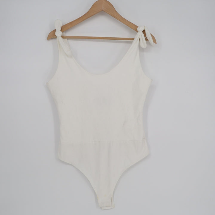 Lulus Pretty Pleased Bodysuit Womens Large White Stretch Tie-Strap One Piece
