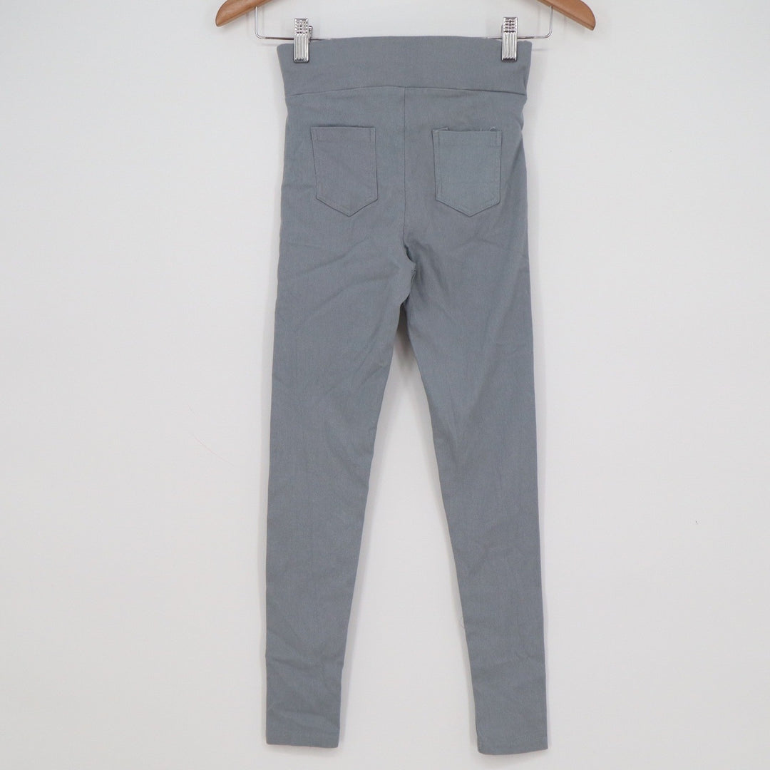 Nanjiren Womens High Waist Button Front Leggings Grey Blue Skinny Pants Size M