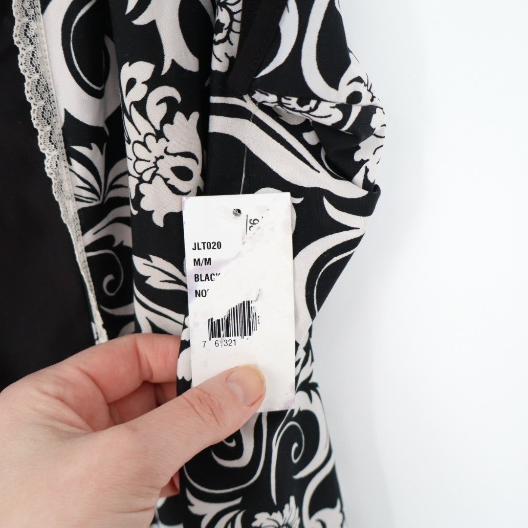 Studio Donatella Pajama Top Womens Large Black White Floral Stretch Ruffle Hem