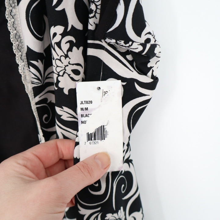 Studio Donatella Pajama Top Womens Large Black White Floral Stretch Ruffle Hem