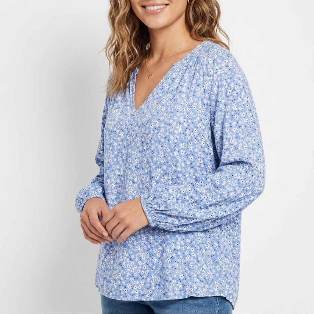 Time and Tru Blue Floral V-Neck Peasant Blouse XL 16-18 Long Sleeve Viscose Top