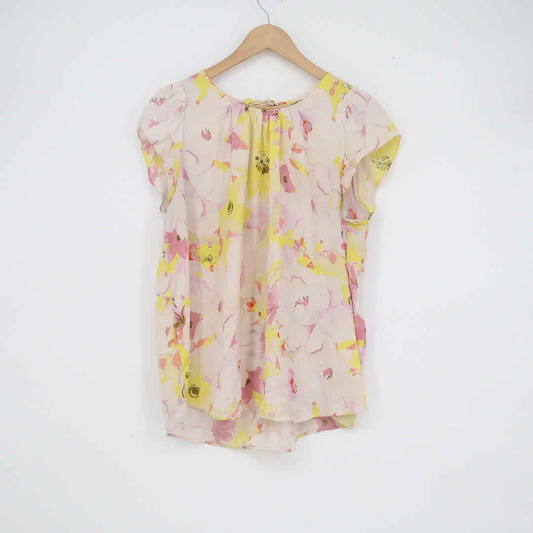 LC Lauren Conrad Floral Flutter Sleeve Blouse Yellow Pink Watercolor Top Large