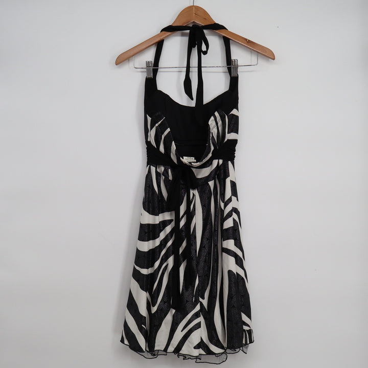 Xtraordinary Zebra Print Halter Dress Black White Glitter Tulle Hem Medium USA