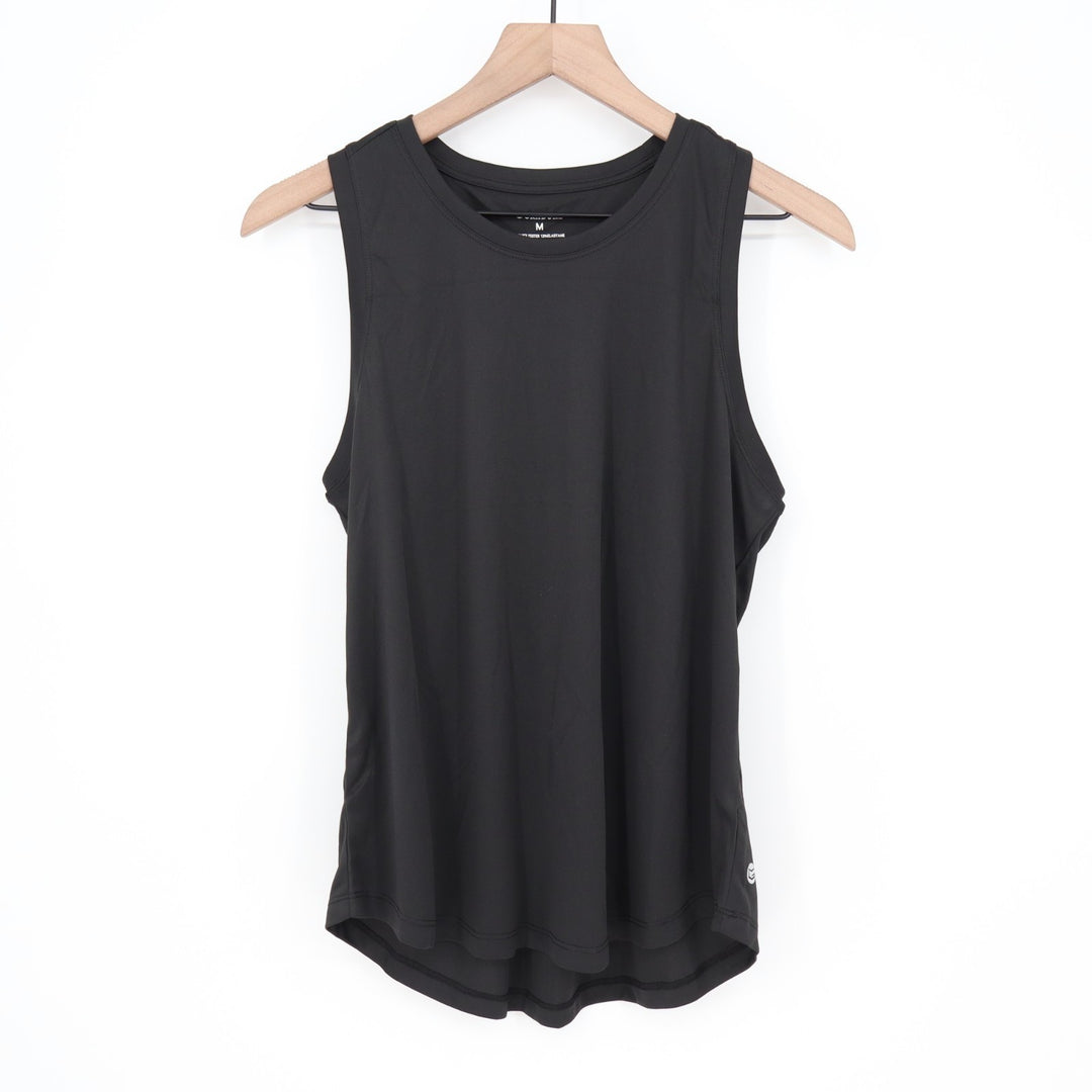 Gradual Tank Top Women's Medium Black Stretch Pleated Crew Neck Wide Straps