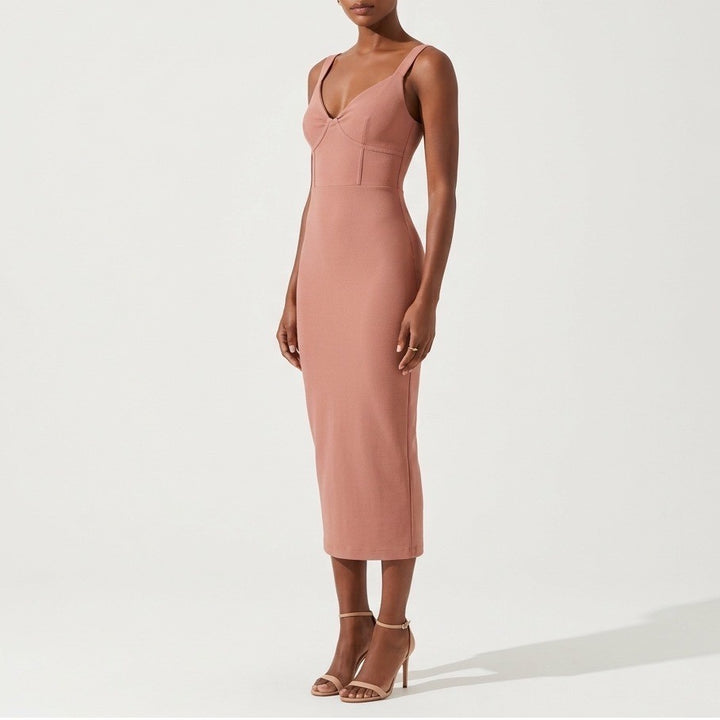 Naked Wardrobe Ribbed Corset Bodycon Midi Dress Mauve Brown Size L