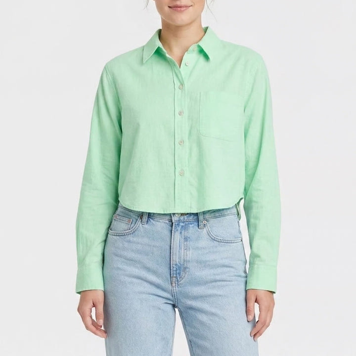 Universal Thread Mint Green Cropped Cotton Linen Button Down Shirt Womens Large