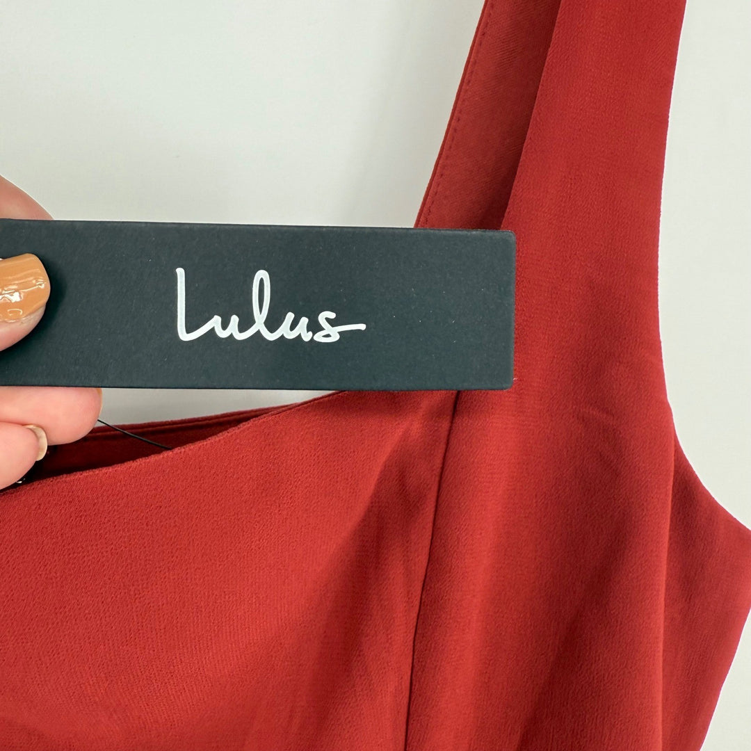 Lulus Rust Red Midi Dress Ruched Bodycon Tank Sleeveless Party Cocktail L