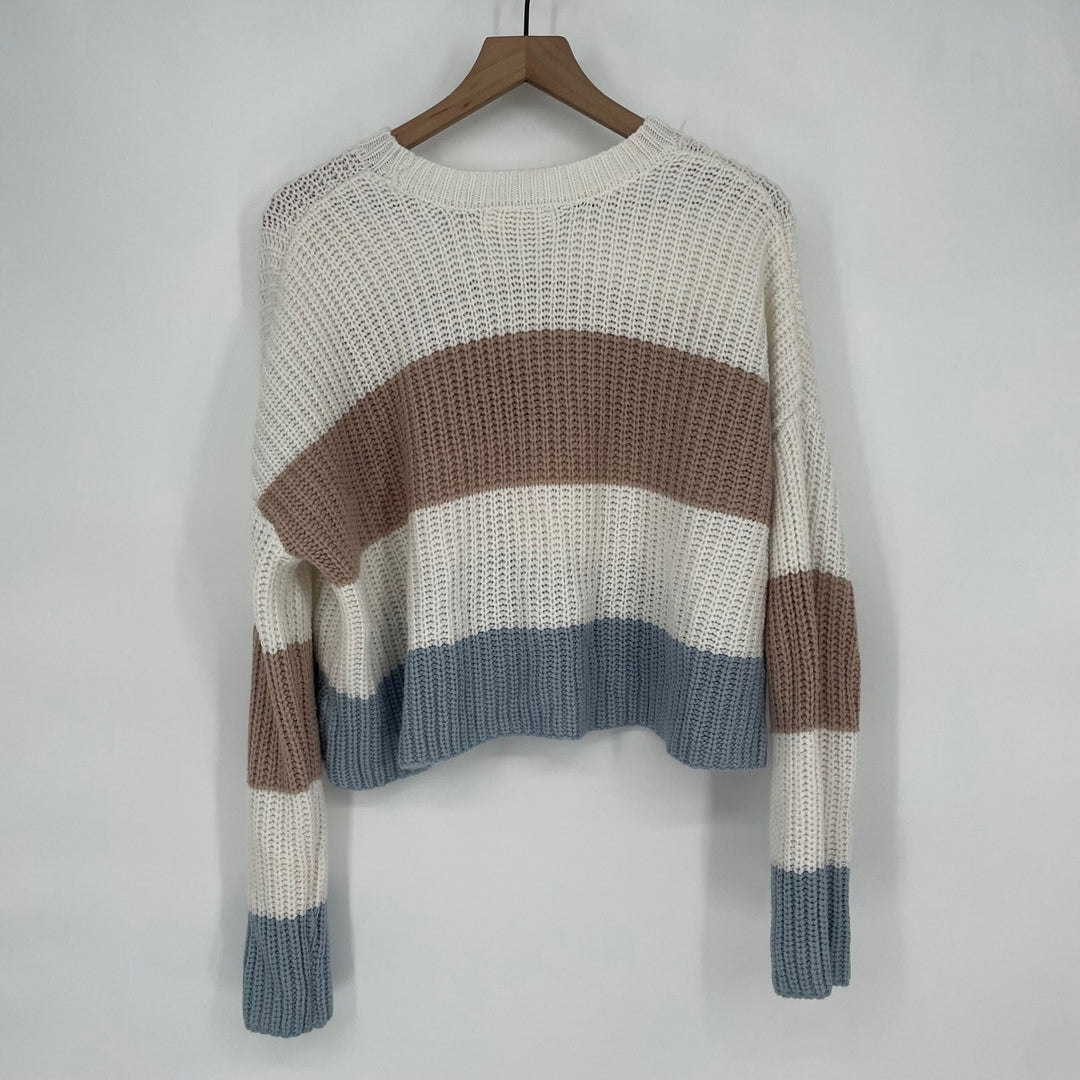 Moon & Madison Striped Cropped Sweater Size L Cream Brown Blue Acrylic Knit