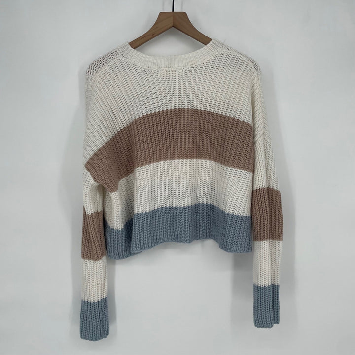 Moon & Madison Striped Cropped Sweater Size L Cream Brown Blue Acrylic Knit