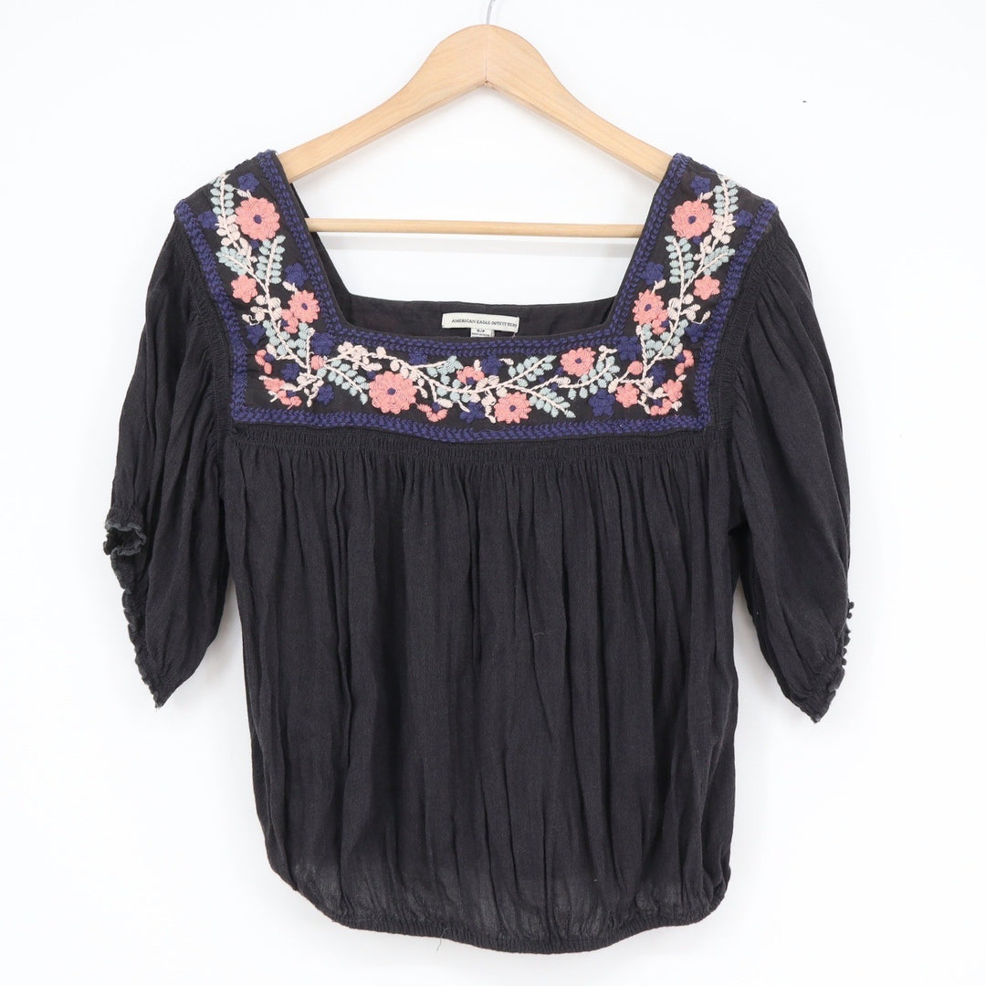 American Eagle Black Floral Embroidered Peasant Blouse Square Neck Small