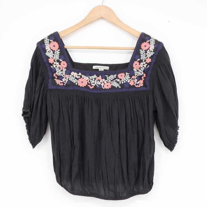 American Eagle Black Floral Embroidered Peasant Blouse Square Neck Small