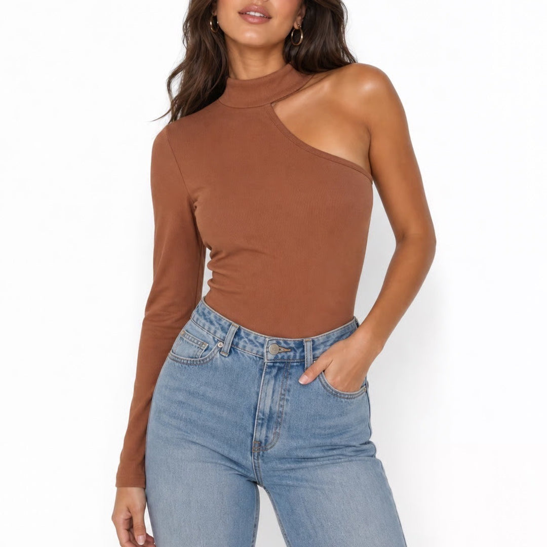 SHEIN Rust Brown One Shoulder Cutout Ribbed Bodysuit Long Sleeve Size L
