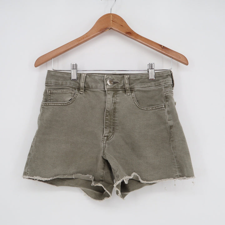 American Eagle Olive Green Super Super Stretch Raw Hem Denim Shorts Size 6