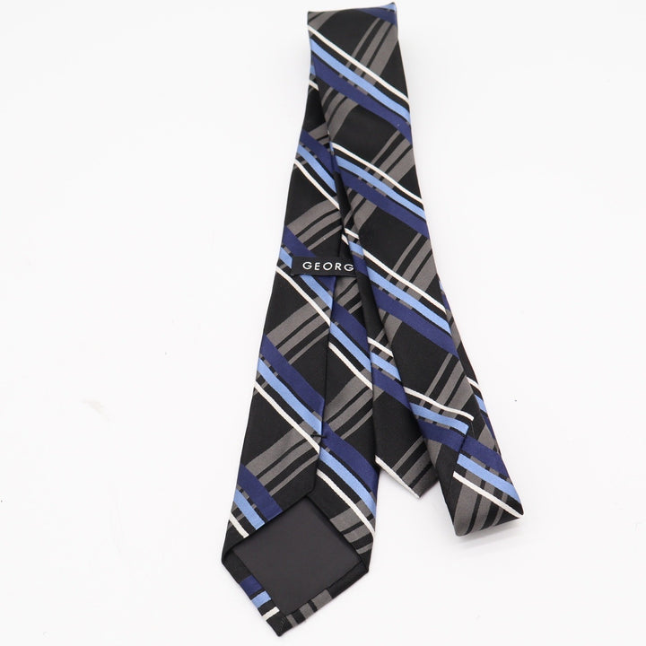 George Necktie Mens OS Plaid Black Blue Grey White Silk Classic Excellent