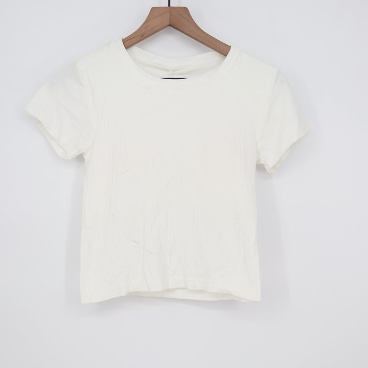 Calia Womens Seamless Crop Tee Pure White Ribbed Short Sleeve Top L