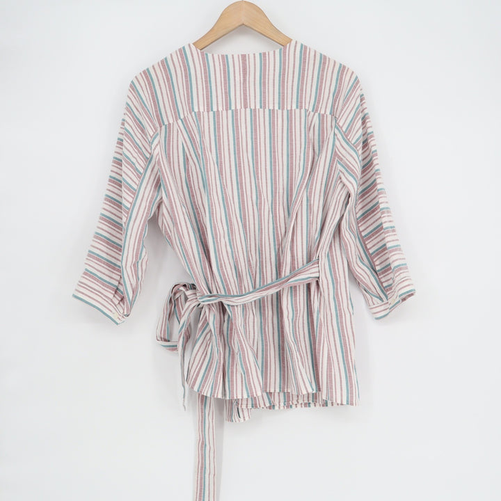 By Etcetera Womens Multi-Color Striped 3/4 Sleeve Wrap Blouse Size 8 V-Neck Top