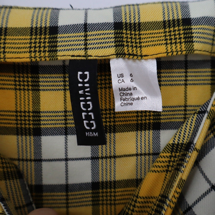 H&M Divided Yellow Plaid Mini Pinafore Dress Womens Size 6 Square Neck 90s Style
