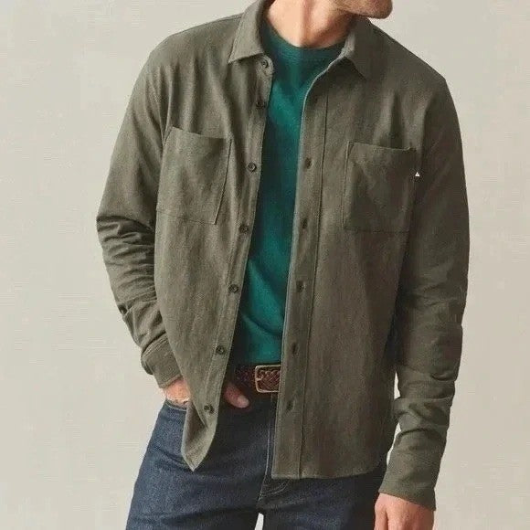 American Giant Premium Slub Shirt Mens L Olive Green Cotton Back Yoke Button Up
