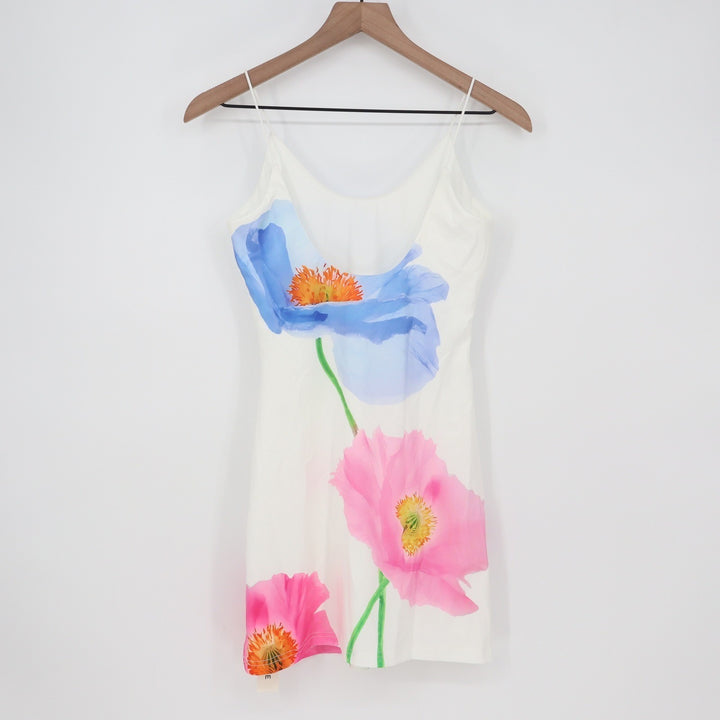 Commense Floral Poppy Print Mini Dress White Blue Pink XS Spaghetti Strap