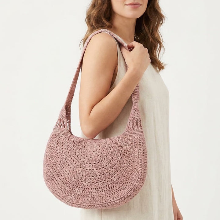Womens Handbag Mauve Pink Crochet Knit Lined Boho Single Strap Shoulder Bag
