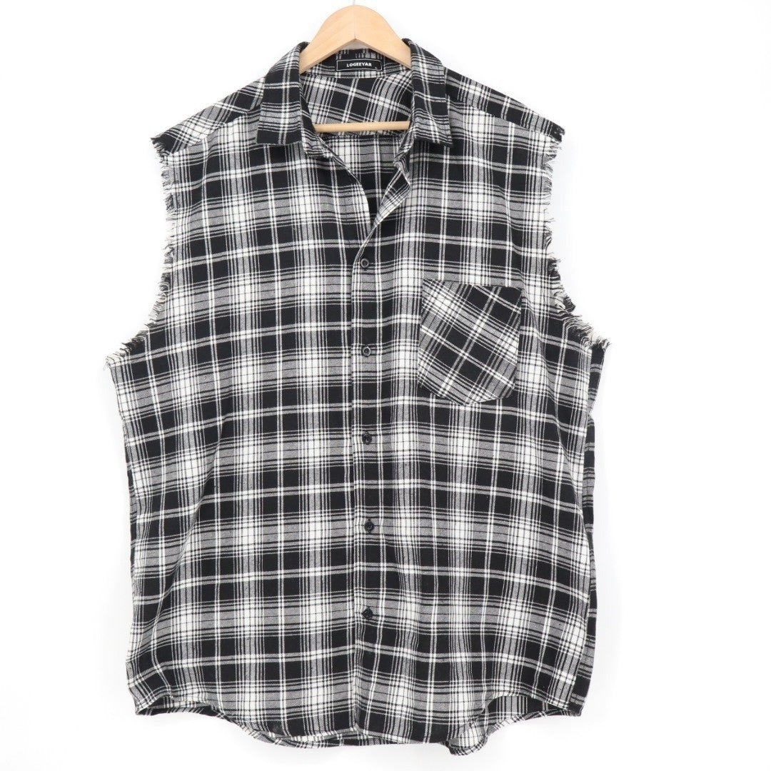 Logeeyar Flannel Shirt Men XL White Black Plaid Frayed Trim Sleeveless Button Up