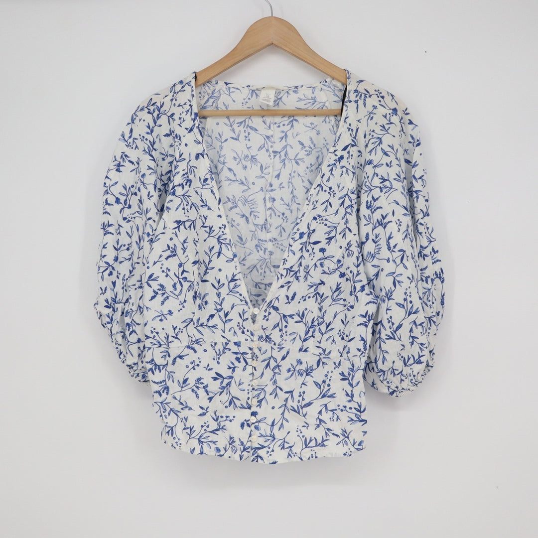 HM Blue Floral Linen Blend Puff Sleeve V-Neck Button Front Blouse Large