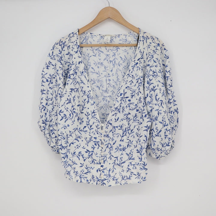 HM Blue Floral Linen Blend Puff Sleeve V-Neck Button Front Blouse Large