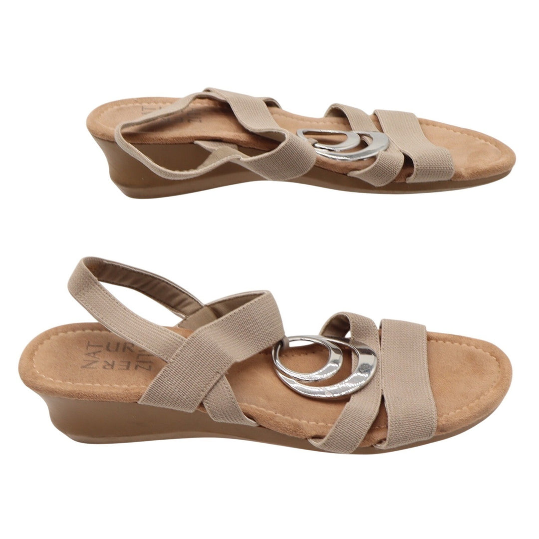 Naturalizer Sandals Womens 8.5M Galaxy Taupe Wedge Silver Ring Elastic Excellent