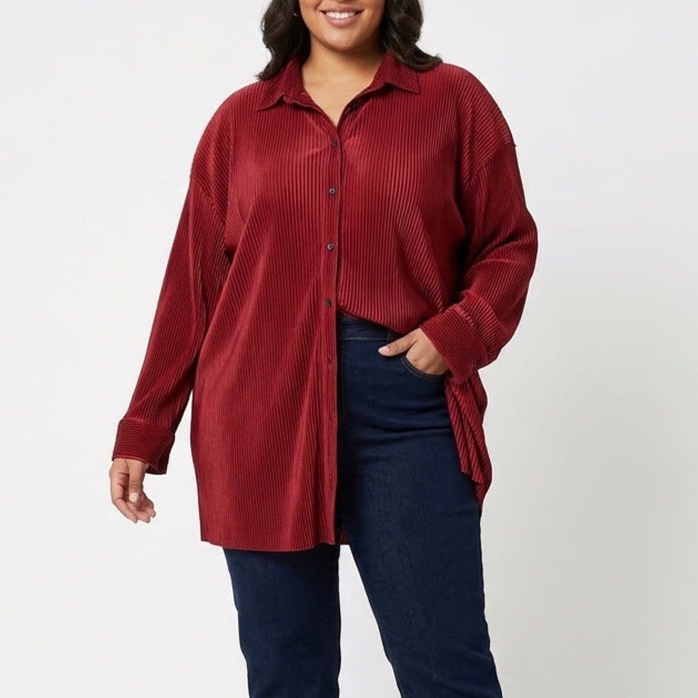 Shein Curve Shirt Womens 2XL Red Pleated Drop Shoulder Spread Collar Button Up