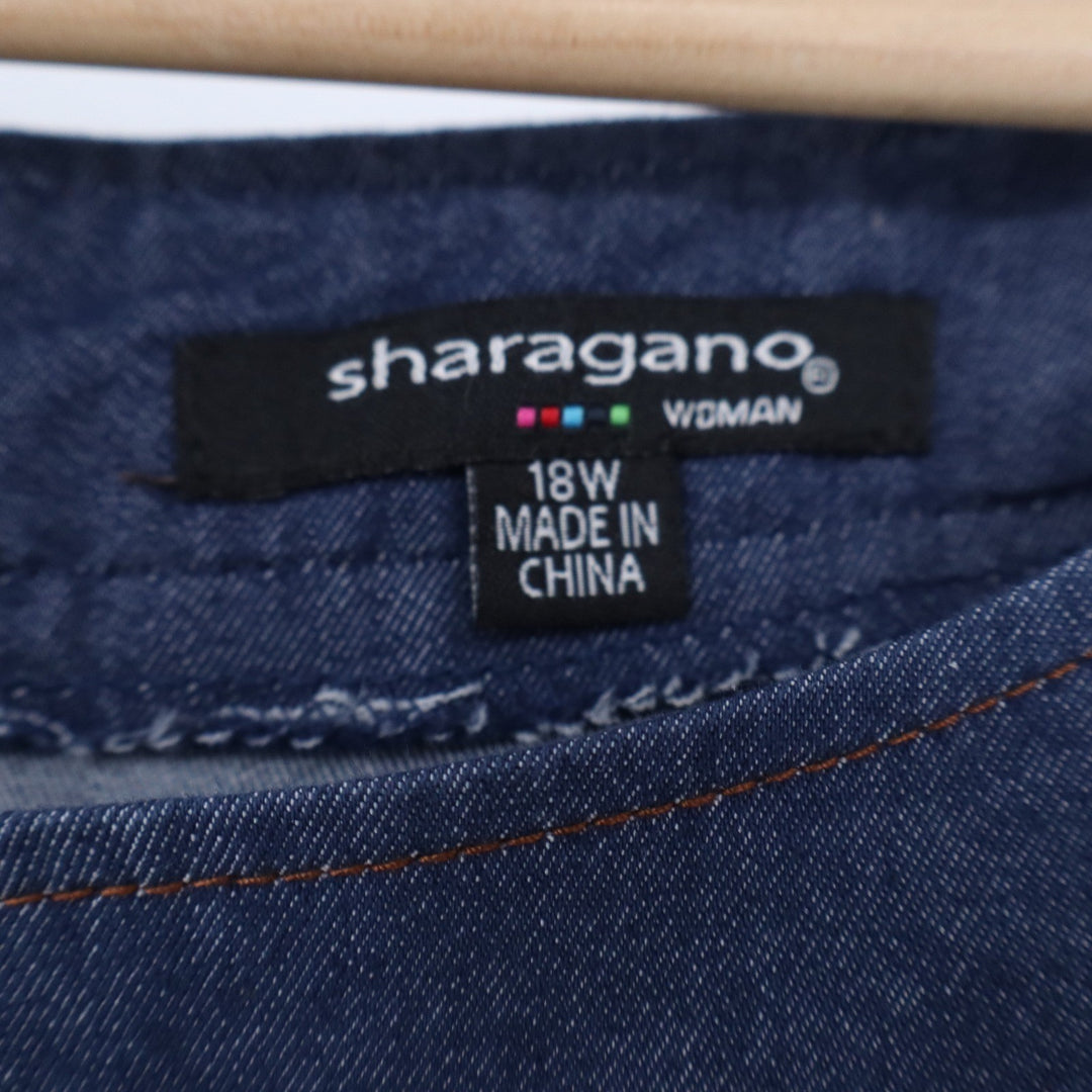 Sharagano Woman Dark Wash Denim Fit & Flare Sleeveless Dress 18W Blue Scoop Neck