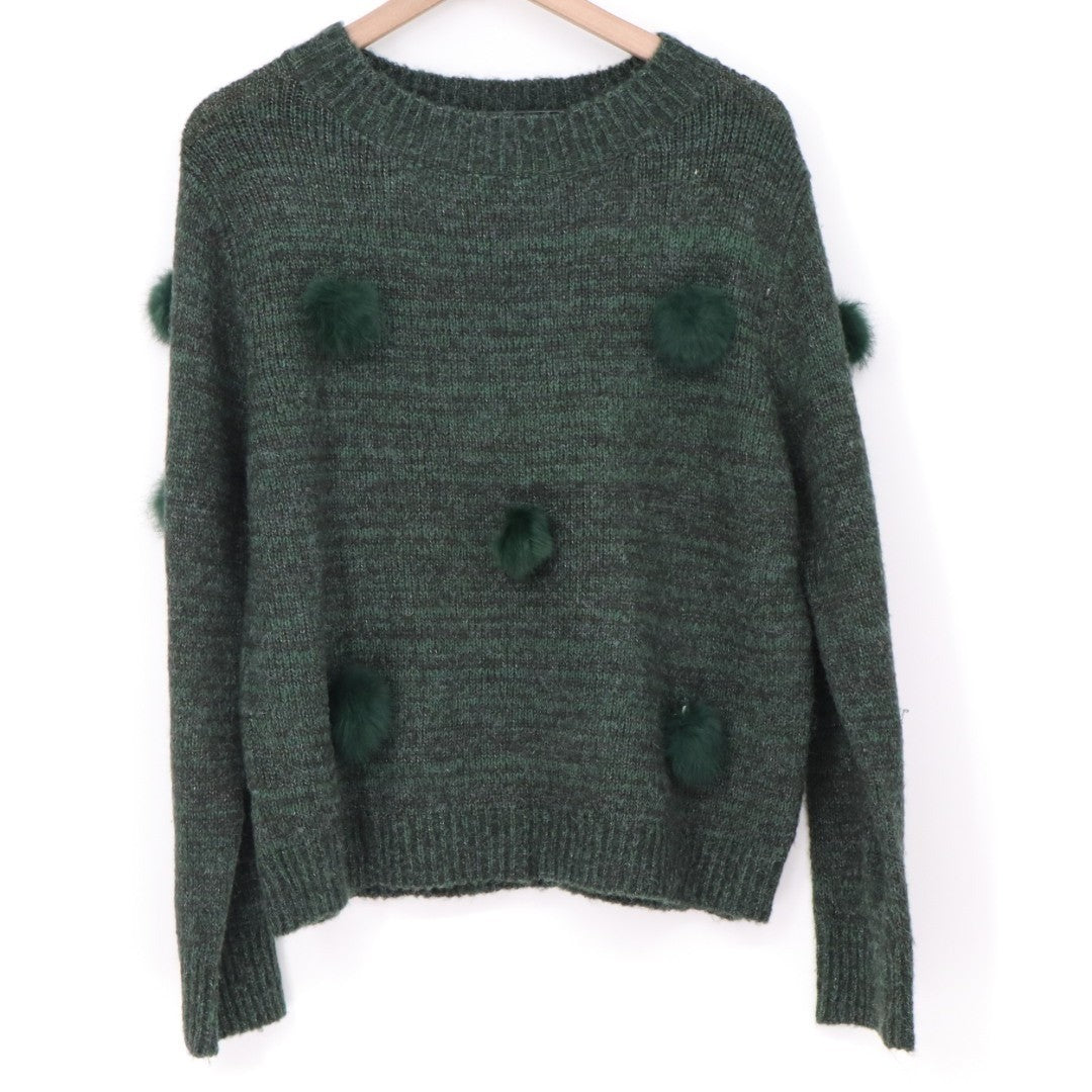 Michelle Nicole Sweater Womens Large Green Knitted Faux Fur Pom Pom Crew Neck