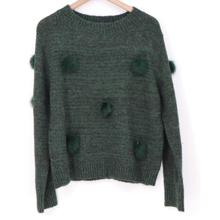 Michelle Nicole Sweater Womens Large Green Knitted Faux Fur Pom Pom Crew Neck