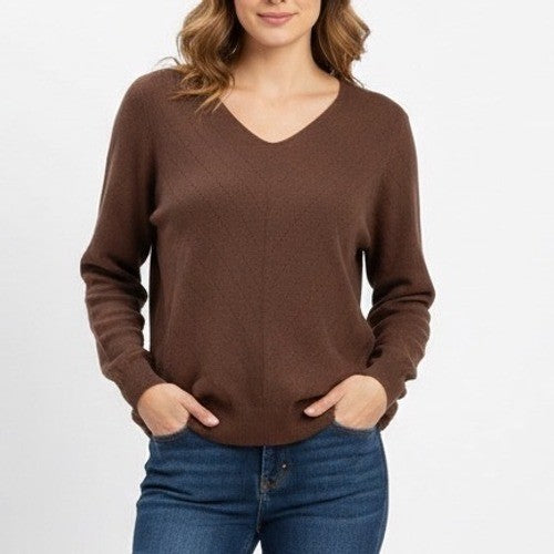 Brown V Neck Textured Knit Pullover Sweater Long Sleeve Size L
