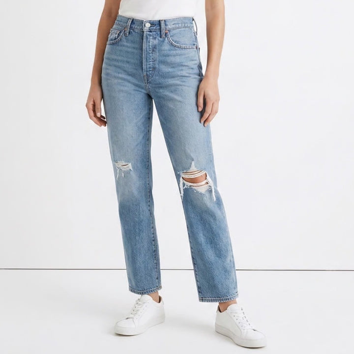 Madewell The Curvy Dean Easy Straight Jeans Womens 29 Blue Denim Distressed