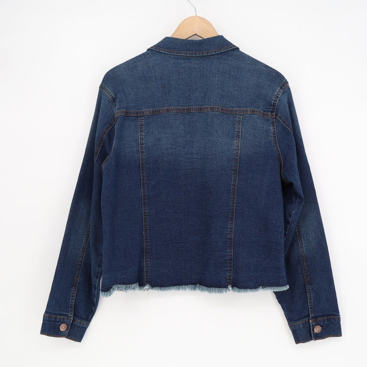 Angels Forever Young Womens Dark Wash Frayed Hem Denim Trucker Jacket Large Blue