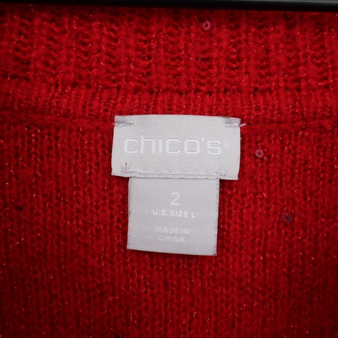 Chico's Sweater Womens Large Ruby Red Knit Sequin Cowl Neck Ribbed Cozy Outdoor