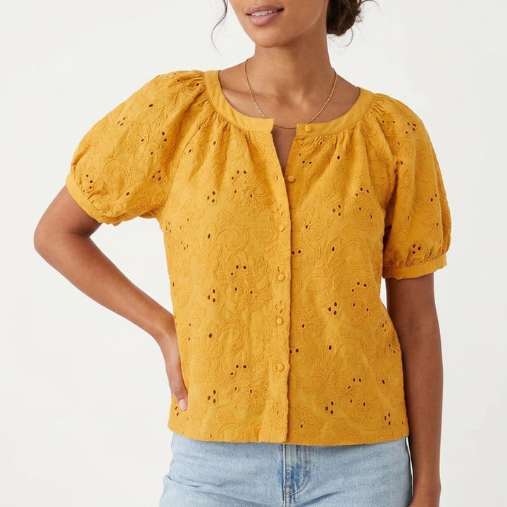 Calypso St Barth Mustard Yellow Cotton Eyelet Puff Sleeve Blouse Large