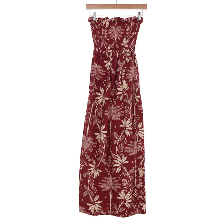 Monteau Los Angeles Strapless Maxi Dress XS Burgundy Tropical Palm Linen Blend