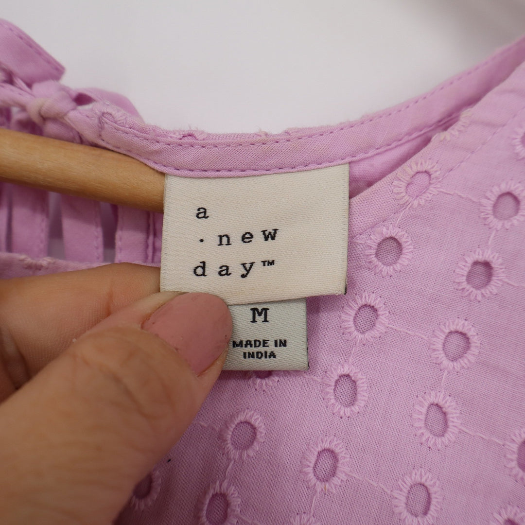 A New Day Pink Eyelet Puff Sleeve Blouse Round Neck Tie Back Top M