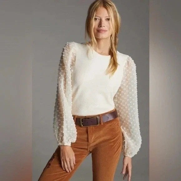 Maeve by Anthropologie Textured Puff Sleeve Top Cream XXS