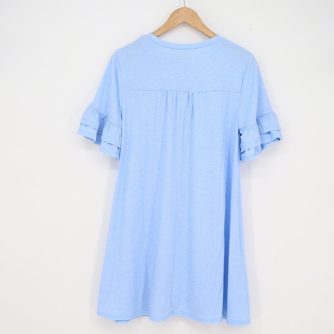 New In Womens Sky Blue Ruffle Sleeve T-Shirt Dress Size M Pocket Swing