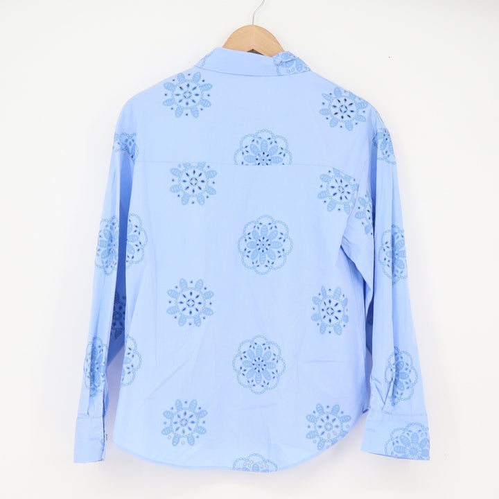 Zara Button-down Womens XS Eyelet Floral Blue Embroidered Cotton Excellent